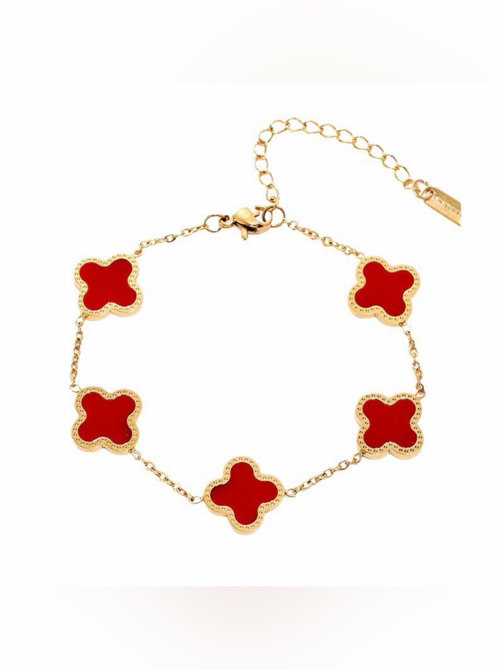 Gold Link Bracelet with burgundy Red Clover Motifs
